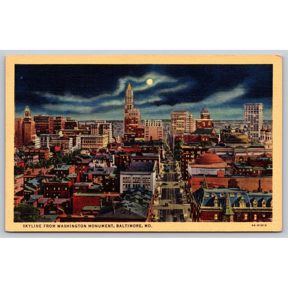 Postcard Maryland Baltimore Skyline From Washington Monument Full Moon c1940s MD